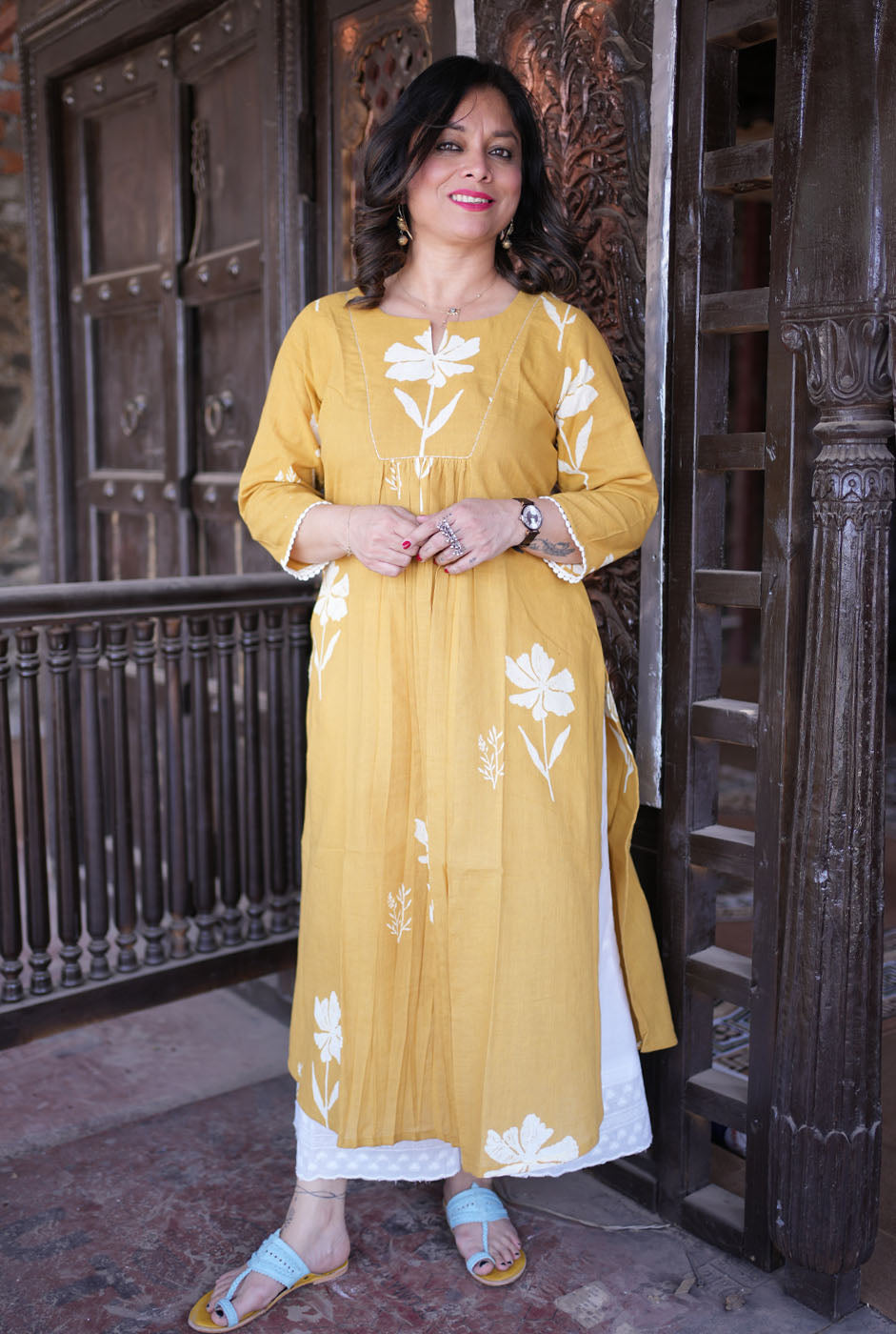Gulmohar Floral Block Handloom Cotton Yellow Kurti