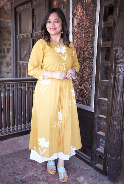 Gulmohar Floral Block Handloom Cotton Yellow Kurti