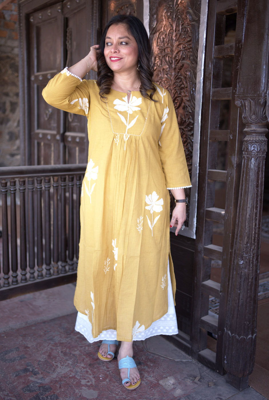 Gulmohar Floral Block Handloom Cotton Yellow Kurti