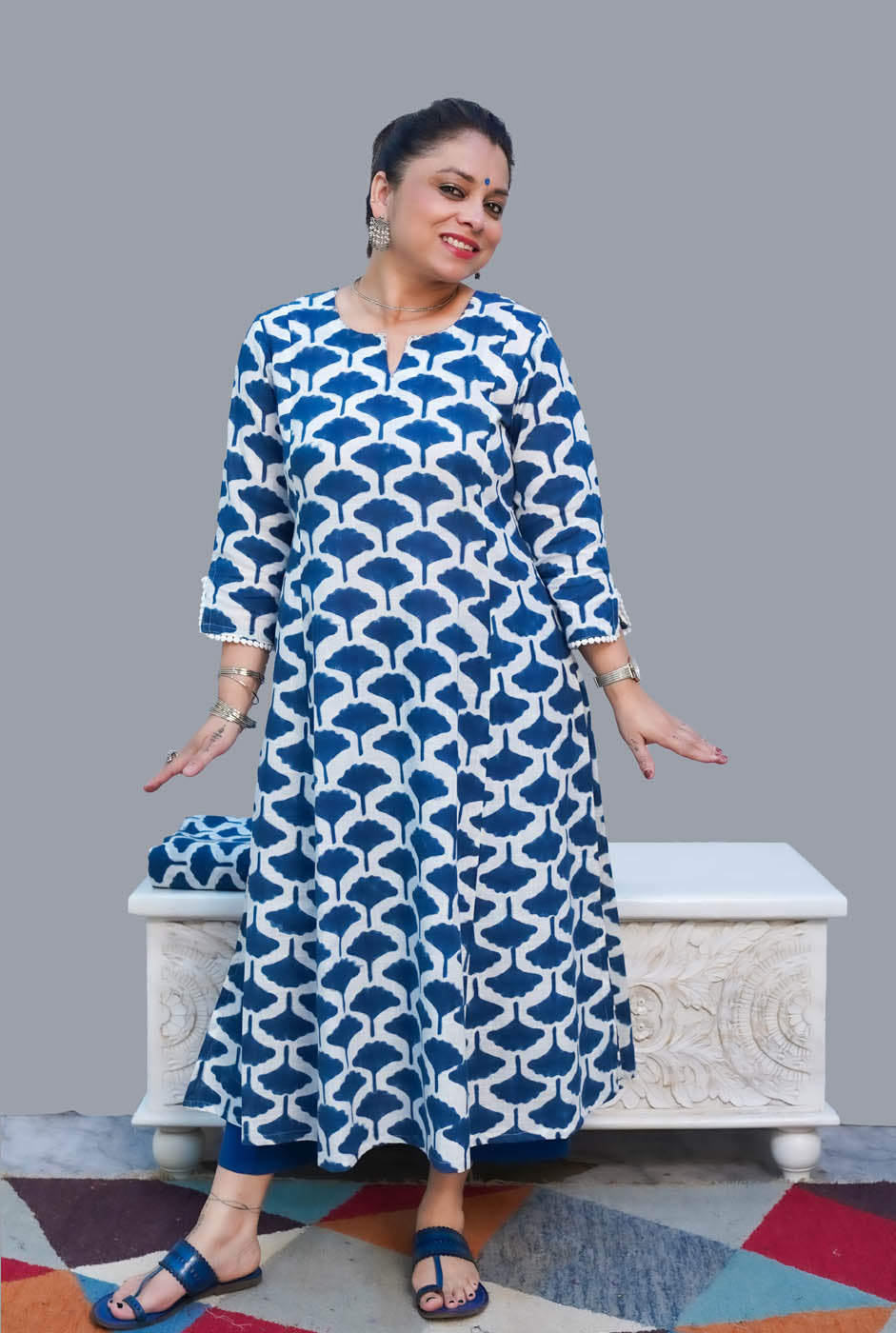 Gulmohar Hand Block Slub Cotton Kurti Blue Petals