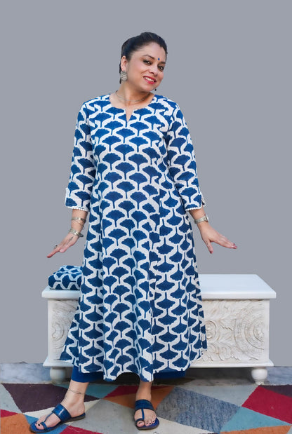 Gulmohar Hand Block Slub Cotton Kurti Blue Petals