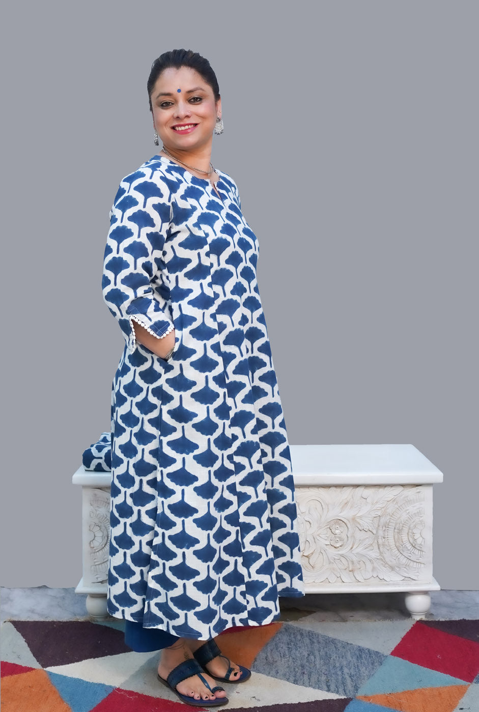 Gulmohar Hand Block Slub Cotton Kurti Blue Petals