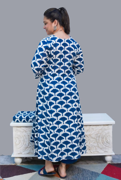 Gulmohar Hand Block Slub Cotton Kurti Blue Petals