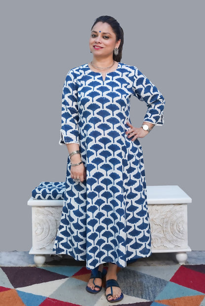 Gulmohar Hand Block Slub Cotton Kurti Blue Petals