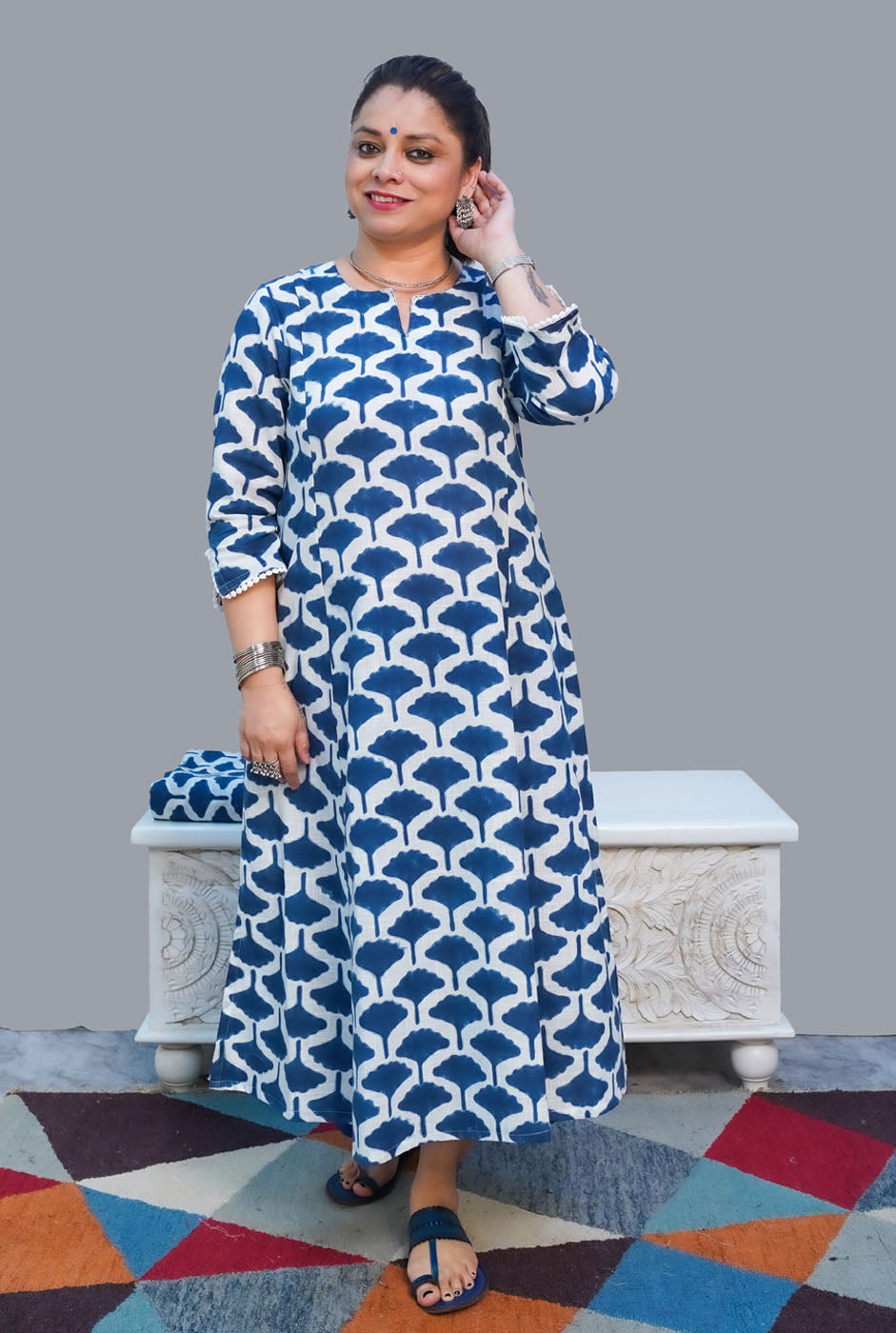 Gulmohar Hand Block Slub Cotton Kurti Blue Petals