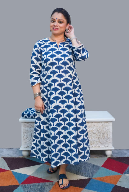 Gulmohar Hand Block Slub Cotton Kurti Blue Petals