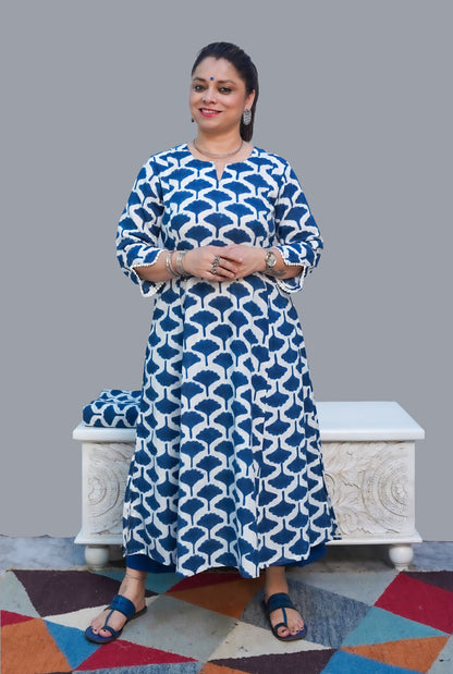 Gulmohar Hand Block Slub Cotton Kurti Blue Petals