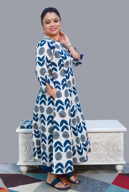 Gulmohar Hand Block Slub Cotton Kurti Grey Bindi