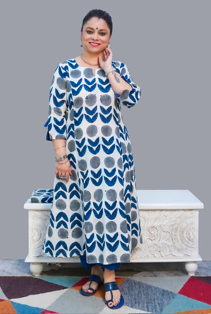 Gulmohar Hand Block Slub Cotton Kurti Grey Bindi