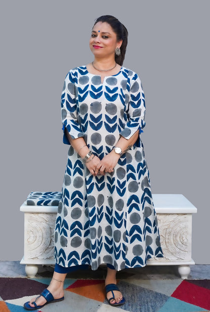 Gulmohar Hand Block Slub Cotton Kurti Grey Bindi