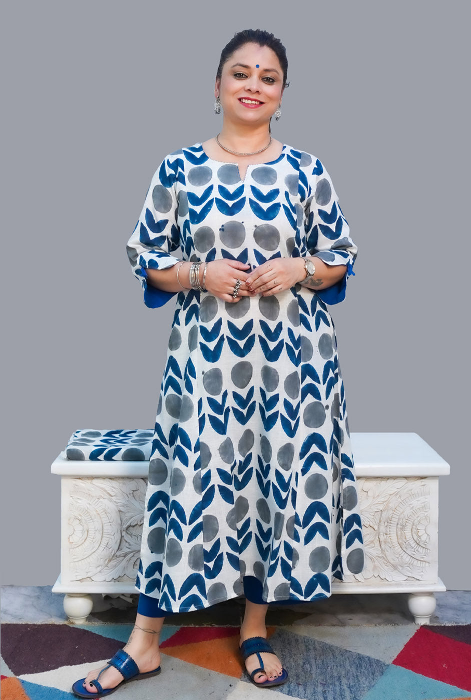 Gulmohar Hand Block Slub Cotton Kurti Grey Bindi