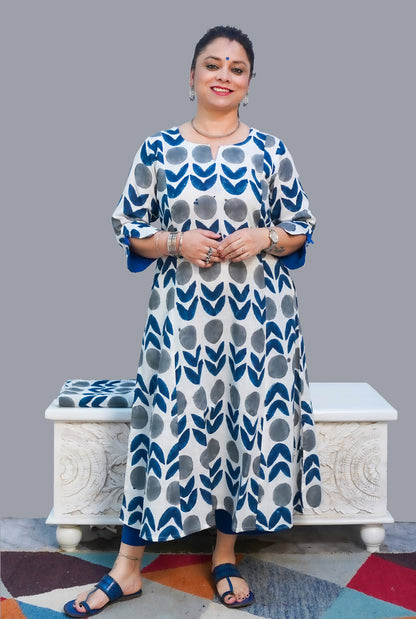Gulmohar Hand Block Slub Cotton Kurti Grey Bindi