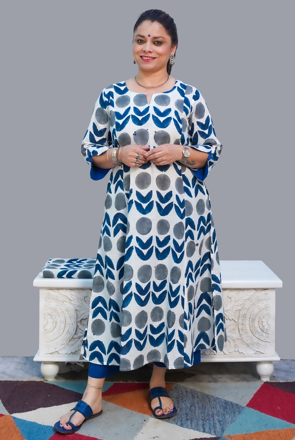 Gulmohar Hand Block Slub Cotton Kurti Grey Bindi