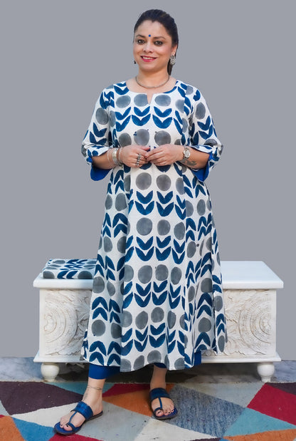 Gulmohar Hand Block Slub Cotton Kurti Grey Bindi