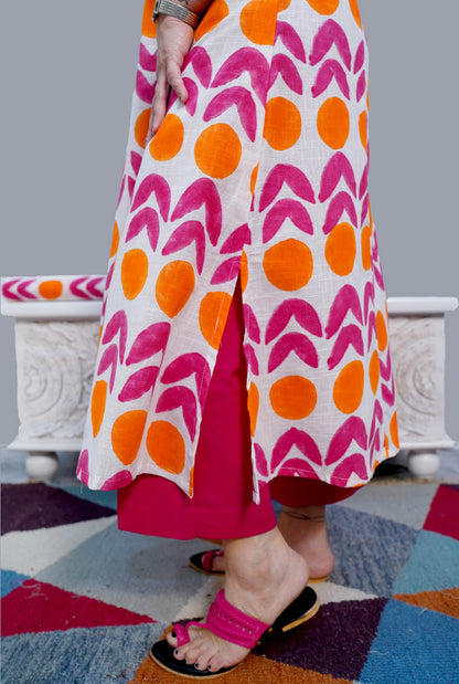 Gulmohar Hand Block Slub Cotton Kurti Orange Bindi