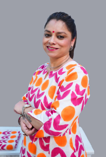 Gulmohar Hand Block Slub Cotton Kurti Orange Bindi