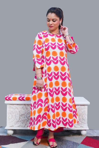 Gulmohar Hand Block Slub Cotton Kurti Orange Bindi