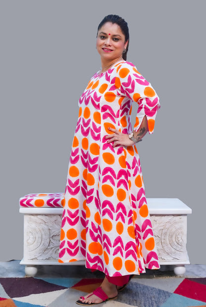 Gulmohar Hand Block Slub Cotton Kurti Orange Bindi