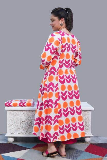 Gulmohar Hand Block Slub Cotton Kurti Orange Bindi