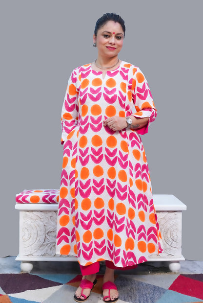 Gulmohar Hand Block Slub Cotton Kurti Orange Bindi