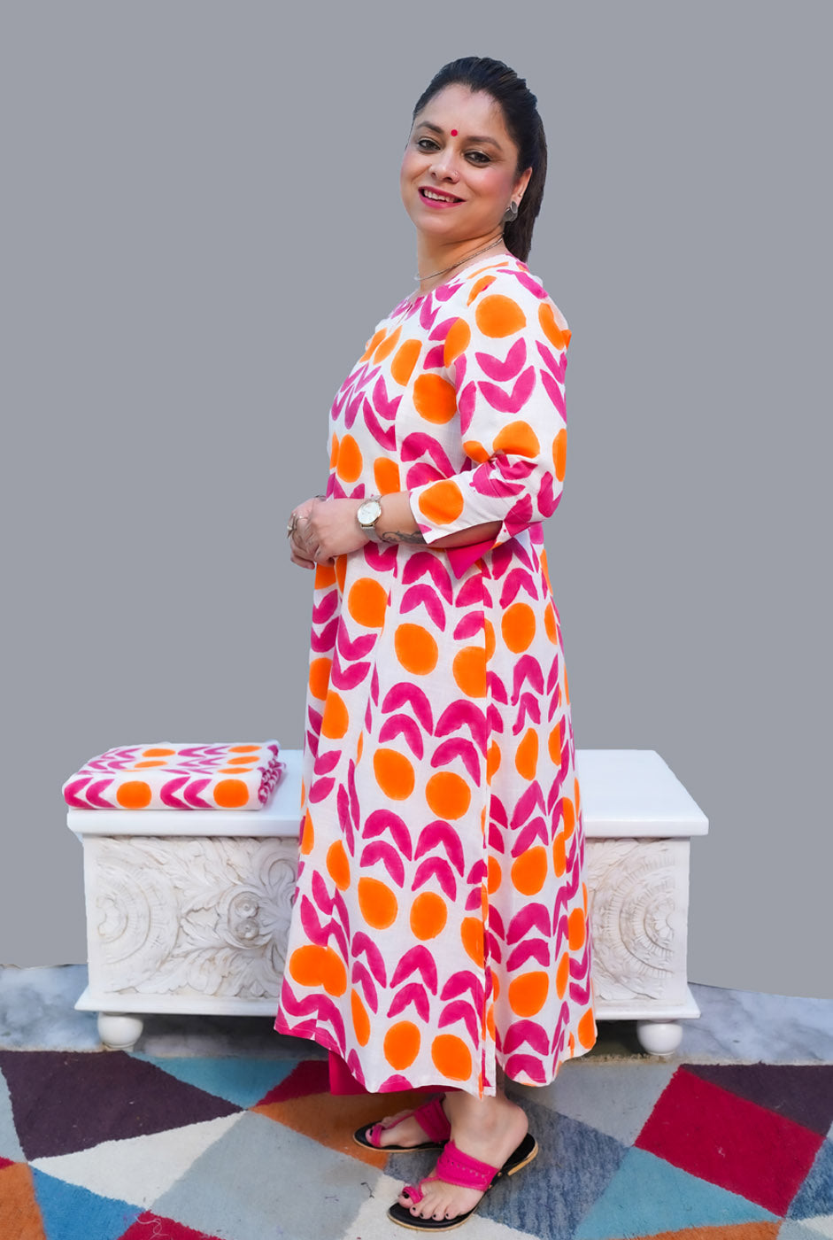 Gulmohar Hand Block Slub Cotton Kurti Orange Bindi