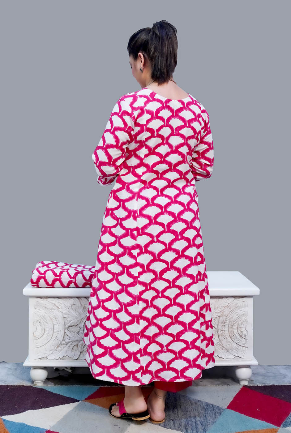 Gulmohar Hand Block Slub Cotton Kurti Pink Petals