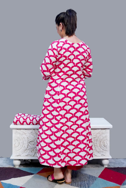 Gulmohar Hand Block Slub Cotton Kurti Pink Petals
