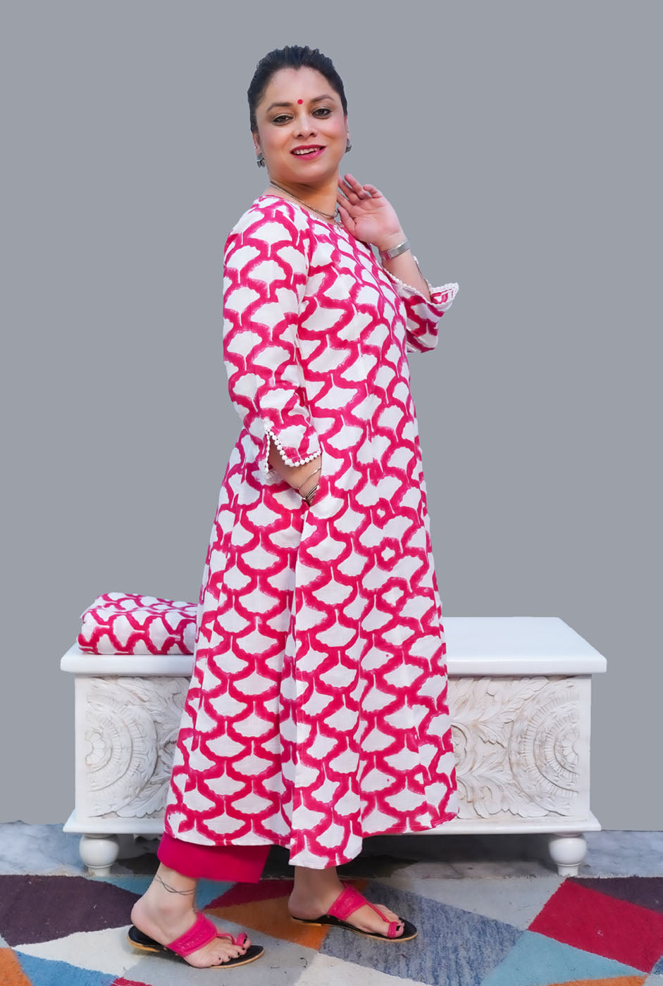 Gulmohar Hand Block Slub Cotton Kurti Pink Petals