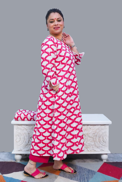 Gulmohar Hand Block Slub Cotton Kurti Pink Petals