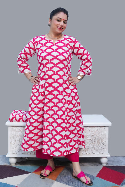 Gulmohar Hand Block Slub Cotton Kurti Pink Petals