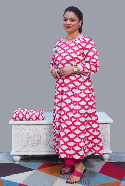 Gulmohar Hand Block Slub Cotton Kurti Pink Petals