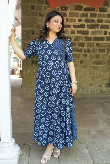 Indigo handblocked  Wrap Around Dress