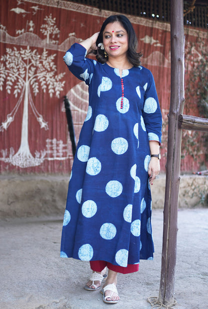 Indigo  Kurti with red  Potli