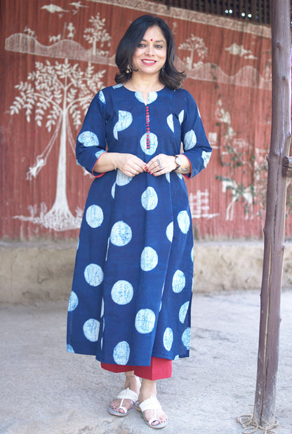 Indigo  Kurti with red  Potli