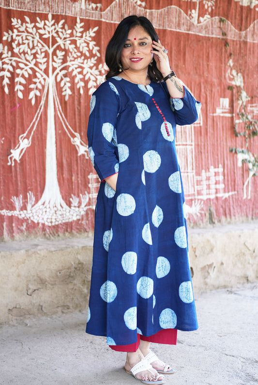 Indigo  Kurti with red  Potli