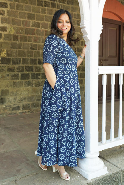 Indigo handblocked  Wrap Around Dress