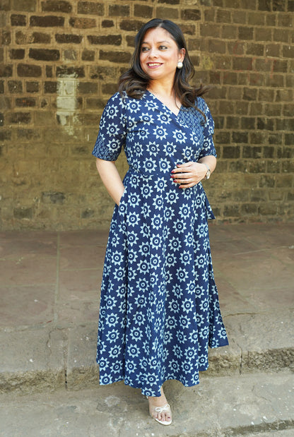 Indigo handblocked  Wrap Around Dress