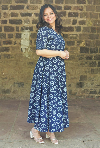 Indigo handblocked  Wrap Around Dress