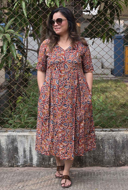 Kalamkari Cotton Dress with Box Pleats & Mull Lining