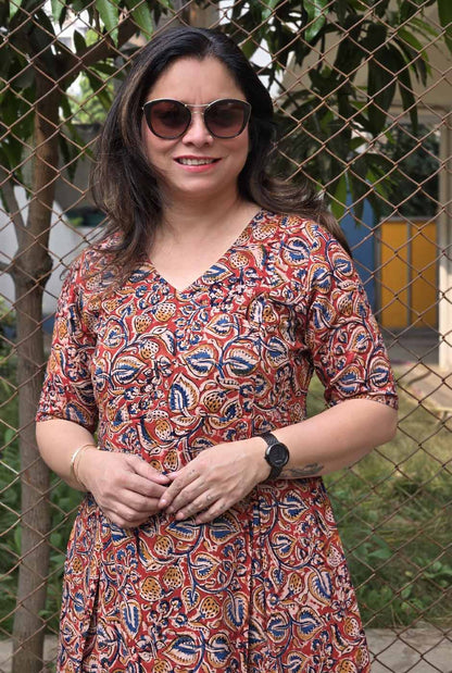 Kalamkari Cotton Dress with Box Pleats & Mull Lining