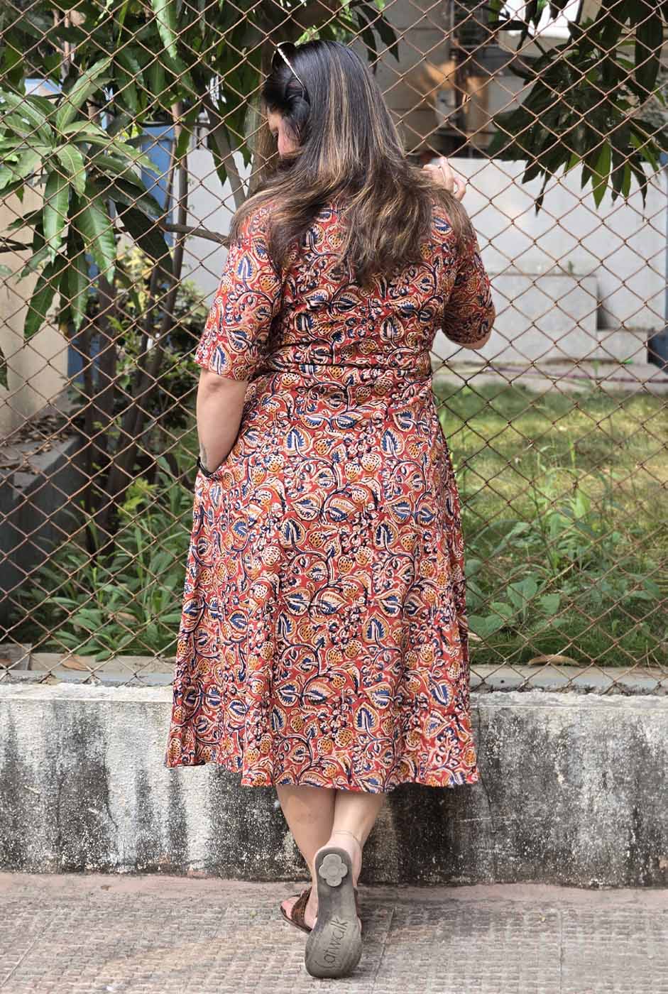 Kalamkari Cotton Dress with Box Pleats & Mull Lining