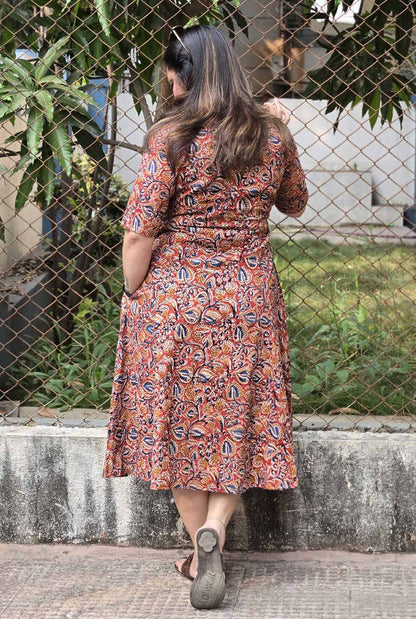 Kalamkari Cotton Dress with Box Pleats & Mull Lining