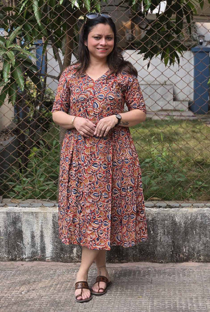 Kalamkari Cotton Dress with Box Pleats & Mull Lining
