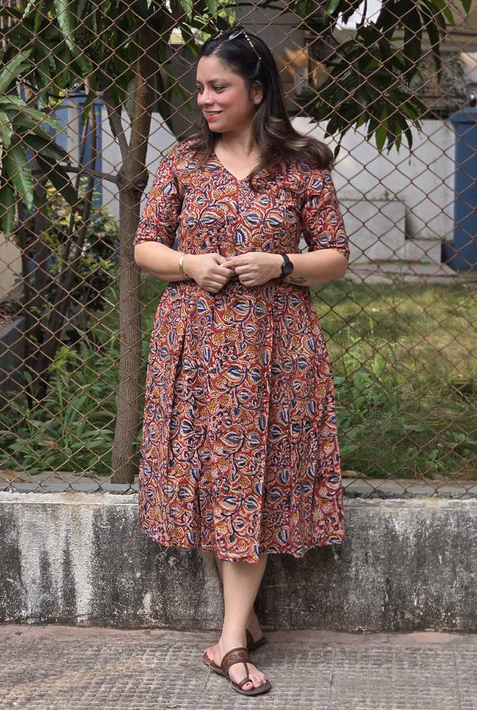 Kalamkari Cotton Dress with Box Pleats & Mull Lining