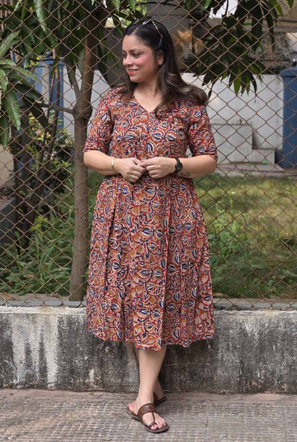 Kalamkari Cotton Dress with Box Pleats & Mull Lining