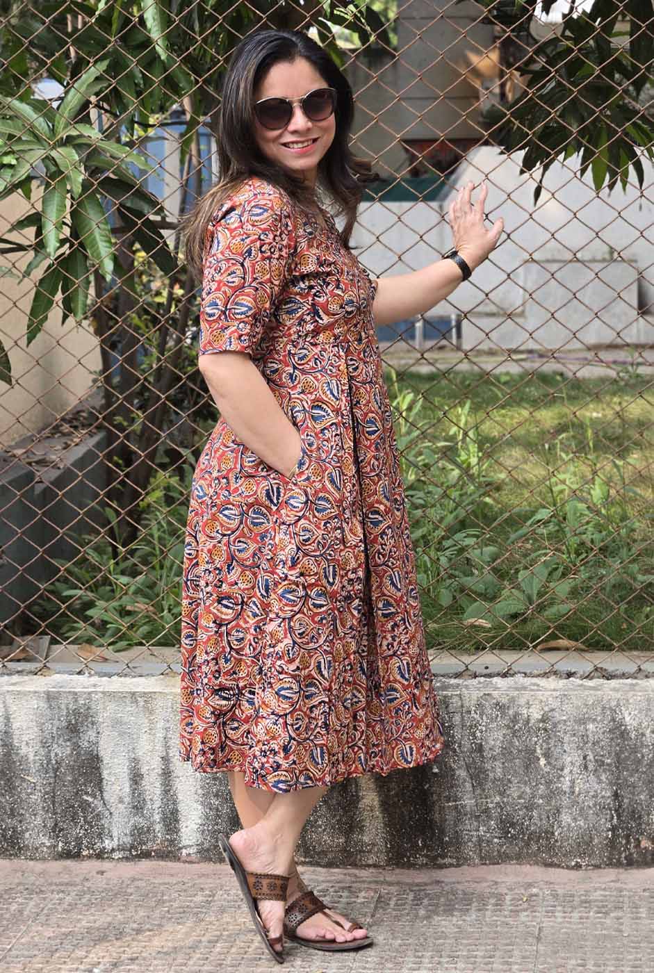 Kalamkari Cotton Dress with Box Pleats & Mull Lining