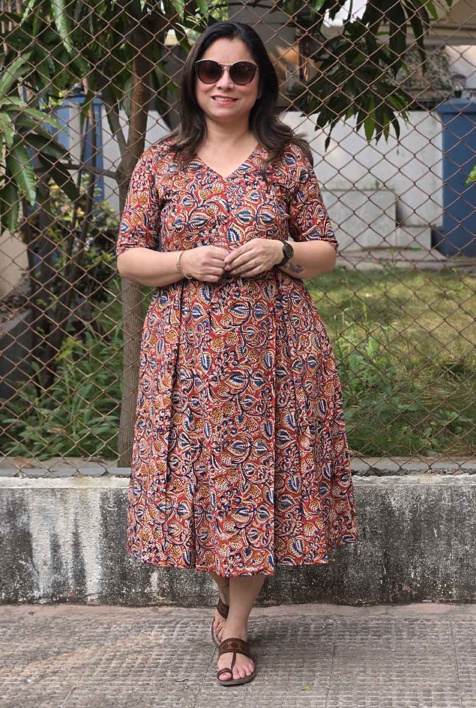 Kalamkari Cotton Dress with Box Pleats & Mull Lining