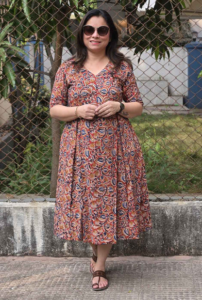 Kalamkari Cotton Dress with Box Pleats & Mull Lining