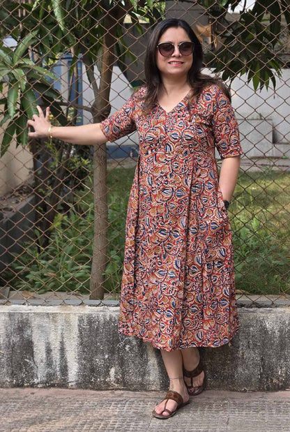 Kalamkari Cotton Dress with Box Pleats & Mull Lining