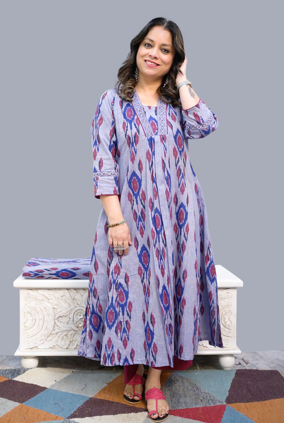 Uzbek Ikat Kurta with Lace Detailing